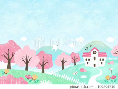 春天的學校和櫻花風景充滿自然的水彩背景插圖 109895830