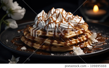waffles on a black plate with whipped cream and caramel waffles on a black plate with whipped cream and caramel 109895888