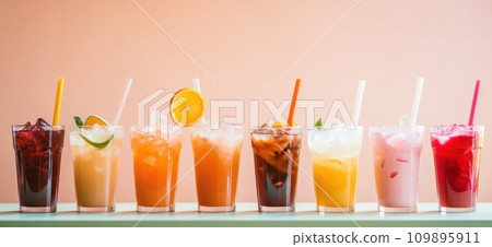 line up of iced drinks with straws in small cups 109895911