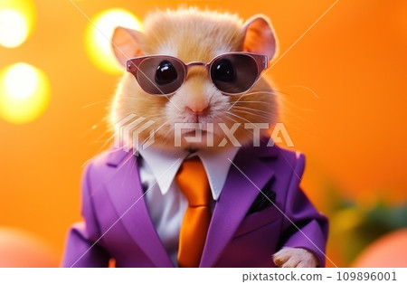 looking at his little glasses, the hamster is dressed in sunglasses and a suit looking at his little glasses, the hamster is dressed in sunglasses and a suit 109896001