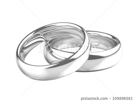 Two white gold, platinum or silver wedding rings, 3D illustration 109896081