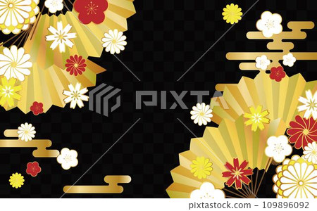 日式背景02黑色格紋圖案裝飾雲朵花扇 日式背景02黑色格紋圖案裝飾雲朵花扇 109896092