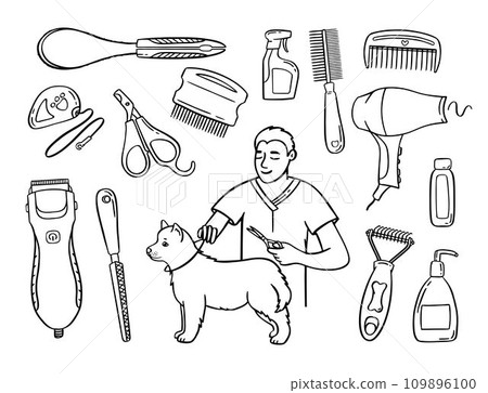 Pet grooming set. Salon for animals. Doodle style animal and character hand drawn. Vector illustration. Pet grooming set. Salon for animals. Doodle style animal and character hand drawn. Vector illustration. 109896100