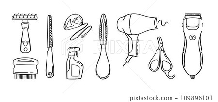 Pet grooming set. Salon for animals. Doodle style animal and character hand drawn. Vector illustration. 109896101