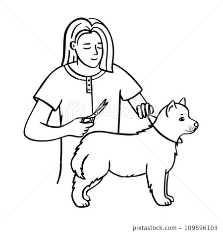 Pet grooming dog. Salon for animals. Doodle style animal and character hand drawn. Vector illustration. Pet grooming dog. Salon for animals. Doodle style animal and character hand drawn. Vector illustration. 109896103