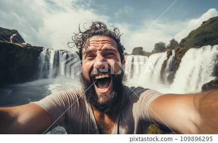 man takes selfie in front of waterfall man takes selfie in front of waterfall 109896295