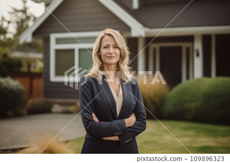 woman in business suit standing in front of house after signing a contract 109896323