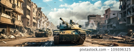 syrian army tank flying through the city streets 109896325