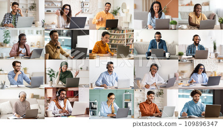 Collection of multiracial employees working on laptop, collage Collection of multiracial employees working on laptop, collage 109896347