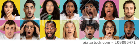 Collage Of Diverse Scared Multiethnic People Portraits Over Colorful Backgrounds, Collage Of Diverse Scared Multiethnic People Portraits Over Colorful Backgrounds, 109896471