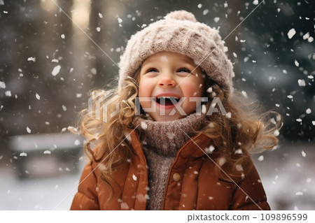 AI-generated content. Little girl in magic snowy winter forest 109896599