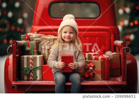 AI-generated content. Cute little girl sitting in a red pickup truck AI-generated content. Cute little girl sitting in a red pickup truck 109896651