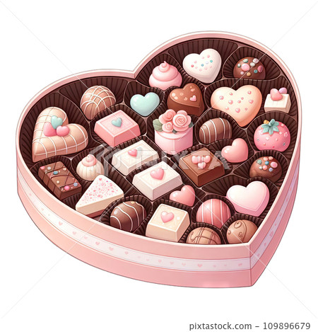 Watercolor assorted chocolates in pink heart shaped box 109896679