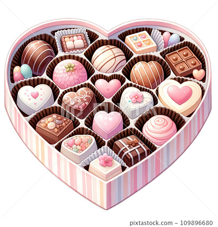 Watercolor assorted chocolates in pink heart shaped box Watercolor assorted chocolates in pink heart shaped box 109896680