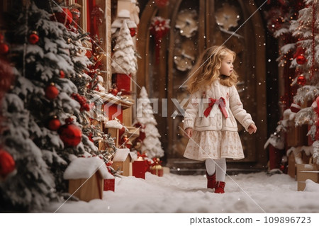 AI-generated content. Little girl on decorated christmas winter background 109896723
