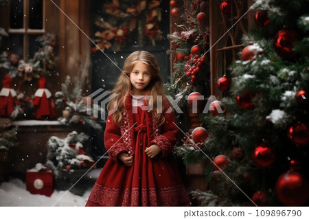 AI-generated content. Little girl on decorated christmas winter background 109896790