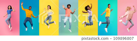 Set of positive multiethnic men and women jumping over colorful studio backgrounds Set of positive multiethnic men and women jumping over colorful studio backgrounds 109896807