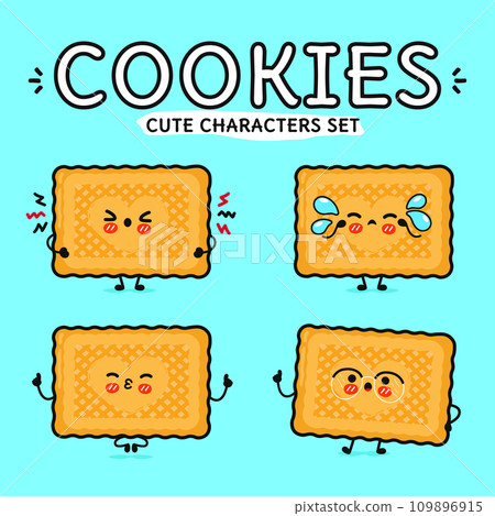 Funny cute happy cookies characters bundle set. Vector hand drawn doodle style cartoon character. Isolated on blue background. Cookies character collection Funny cute happy cookies characters bundle set. Vector hand drawn doodle style cartoon character. Isolated on blue background. Cookies character collection 109896915