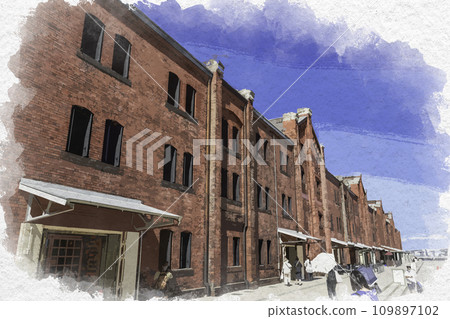 水彩風格橫濱港未來橫濱紅磚倉庫神奈川縣橫濱市 水彩風格橫濱港未來橫濱紅磚倉庫神奈川縣橫濱市 109897102