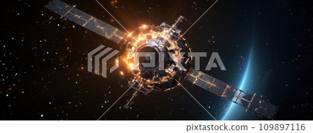shows an image of an orbiting satellite with a star surrounding it shows an image of an orbiting satellite with a star surrounding it 109897116