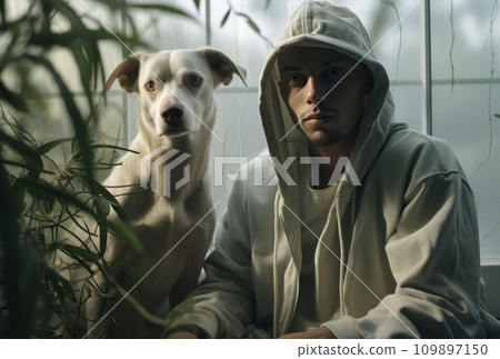 the man has a dog surrounded by twigs in front of a window, the man has a dog surrounded by twigs in front of a window, 109897150