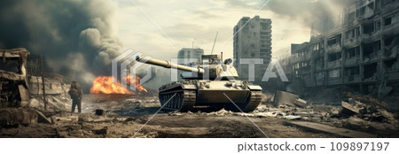 the tank driving through an apocalyptic city in the background 109897197