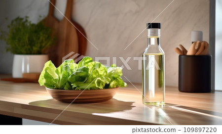 oil bottle on the counter next to lettuce oil bottle on the counter next to lettuce 109897220