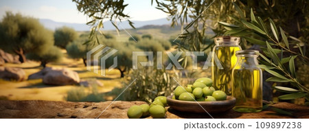 olive oil and fresh green olives on the green grass 109897238