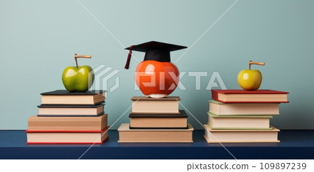 three books stacked up above graduation cap 109897239