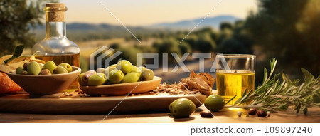 olive oil and fresh green olives on the green grass 109897240