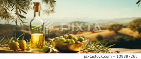 olive oil and fresh green olives on the green grass olive oil and fresh green olives on the green grass 109897263