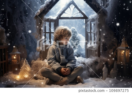 AI-generated content. Little boy on decorated christmas winter background 109897275