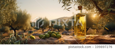 olive oil and fresh green olives on the green grass olive oil and fresh green olives on the green grass 109897276