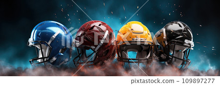 three football helmets on the ground 109897277