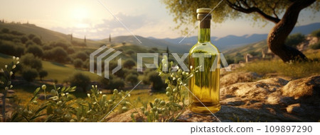 olive oil and fresh green olives on the green grass 109897290