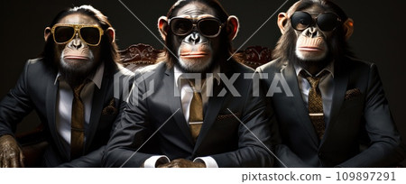 three monkeys in sunglasses are dressed up for a performance three monkeys in sunglasses are dressed up for a performance 109897291