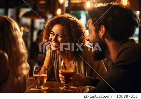people laughing while drinking beer in a bar people laughing while drinking beer in a bar 109897313