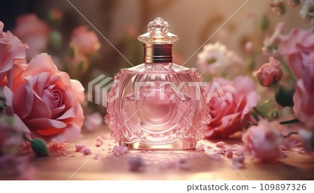 perfume bottle with pink roses on the ground perfume bottle with pink roses on the ground 109897326