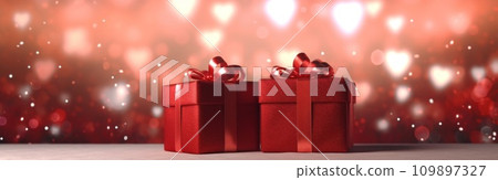 three red box with hearts and present are floating over a background three red box with hearts and present are floating over a background 109897327