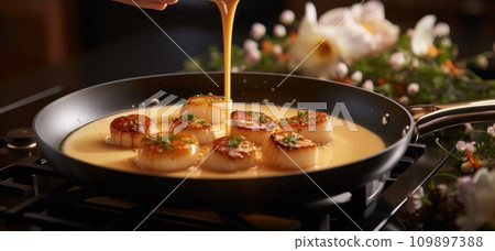 person pouring cream over scallops on a stovetop person pouring cream over scallops on a stovetop 109897388
