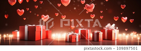 red and white gift boxes are flying away as hearts appear on them red and white gift boxes are flying away as hearts appear on them 109897501