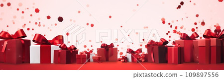 red and white gift boxes are flying away as hearts appear on them red and white gift boxes are flying away as hearts appear on them 109897556