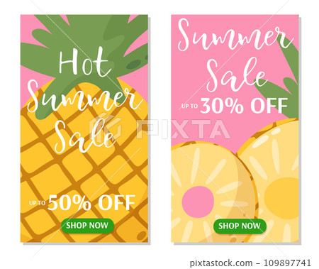 Hot summer sale flyer with pineapple background. Set of vector cards with tropical fruits and discount. For banner, poster, flyer, social media, stories. Cartoon flat style. Hot summer sale flyer with pineapple background. Set of vector cards with tropical fruits and discount. For banner, poster, flyer, social media, stories. Cartoon flat style. 109897741