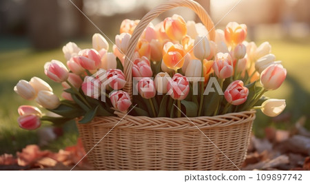 a bunch of tulips that are in a basket a bunch of tulips that are in a basket 109897742