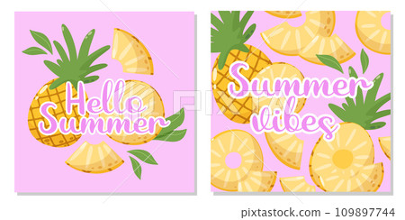 Set of fruit cards with text hello summer and summer vibes. Pineapple tropical composition and background with leaves. Vector square illustration for banner, poster, flyer, social media 109897744