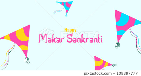 Makara Sankranti sunny holiday of India. Colored kite in the sky. Concept holiday. Poster, leaflet, website design Vector illustration. 109897777