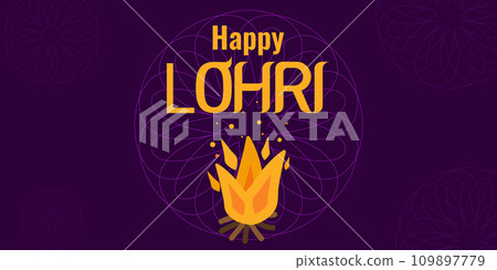 Lohri festival Punjabi fiery harvest in India. Bonfire on a dark background with patterns. Template background poster, flyer. Holiday concept. Vector illustration. Lohri festival Punjabi fiery harvest in India. Bonfire on a dark background with patterns. Template background poster, flyer. Holiday concept. Vector illustration. 109897779