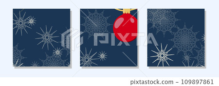 Square winter post templates for social networks. Christmas ball snowflakes on a dark background. Christmas winter theme. Banner design. Vector illustration. Square winter post templates for social networks. Christmas ball snowflakes on a dark background. Christmas winter theme. Banner design. Vector illustration. 109897861