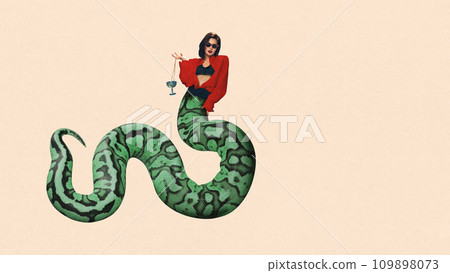 Contemporary art collage. Young attractive woman in snake body symbolizing wickedness and evil against peach color background. 109898073