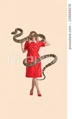 Contemporary art collage. Full length portrait of young woman wearing long red dress and snake wrapped her body and covered eyes against peach background. Contemporary art collage. Full length portrait of young woman wearing long red dress and snake wrapped her body and covered eyes against peach background. 109898076